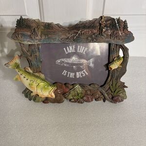 Azzure Home Fisherman Trout Picture Frame w/ake, fisherman, fish, mountains.